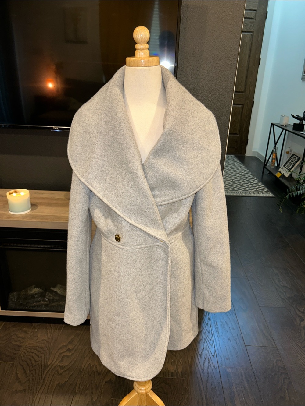 Kenneth Cole New York Light Gray Shawl-Collar Wrap Pea Coat